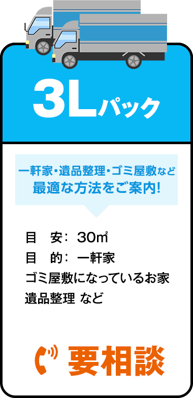 3Lパックプラン 一軒家・遺品整理・ごみ屋敷など最適な方法をご案内 目安：30㎡ 目的：ごみ屋敷になっているお家、遺品整理など　要相談